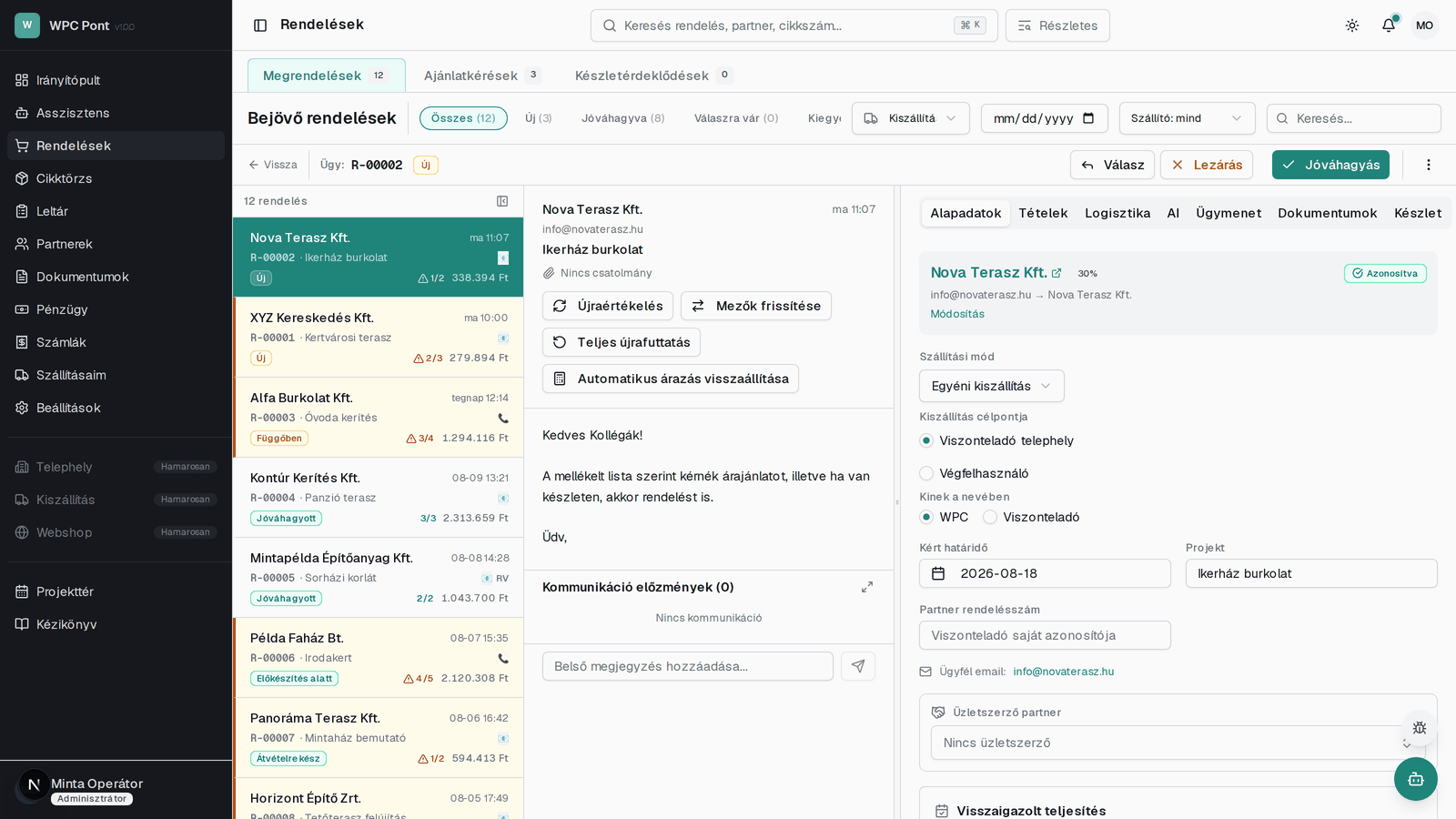 Orders — the incoming letter and the order extracted from it side by side, with case data and delivery in a third panel.